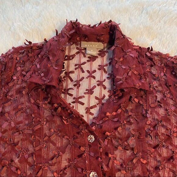 Kenar Wine Colored Ribboned Semi Sheer Blouse, Size 10. - Picture 6 of 10